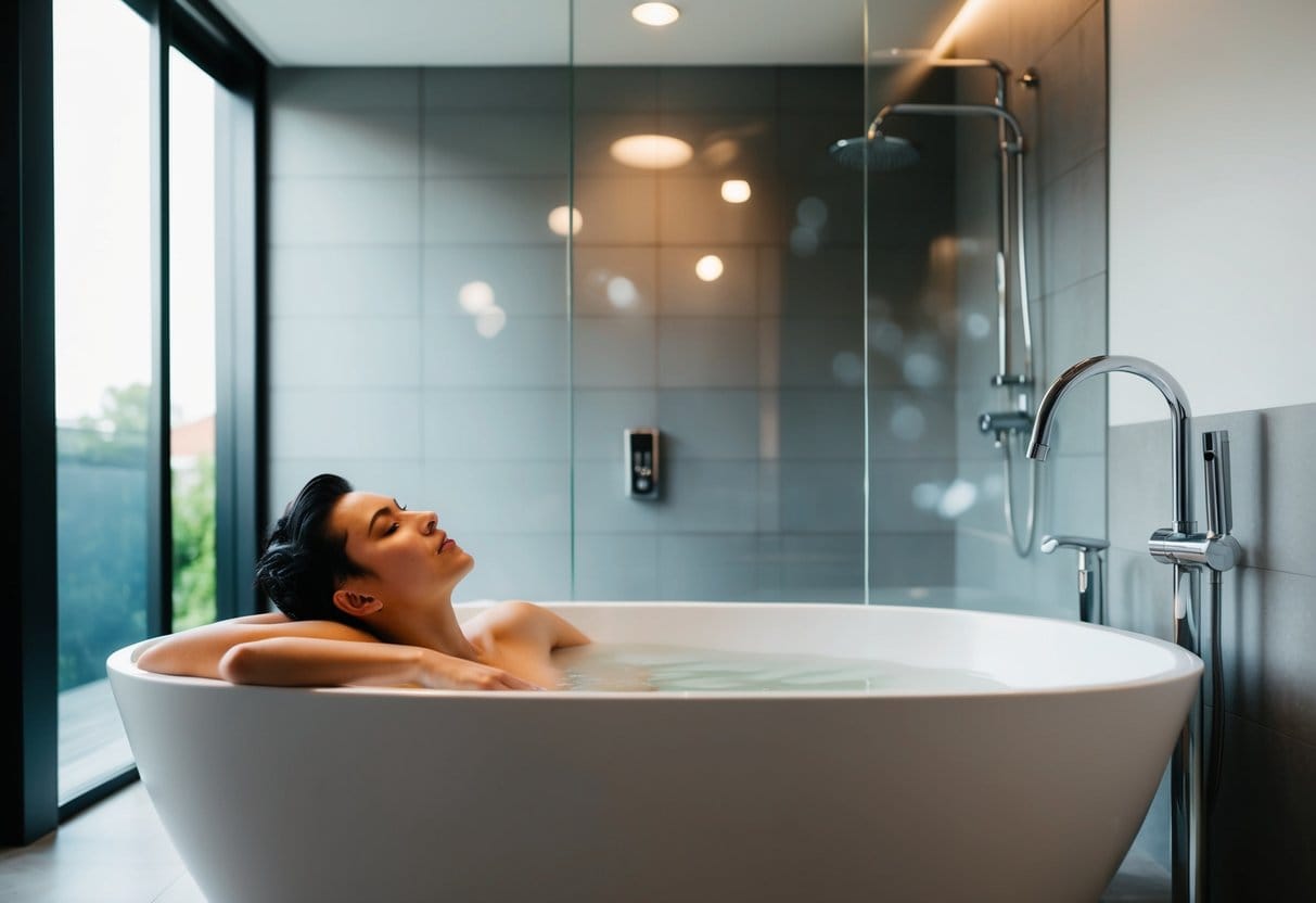 En person der nyder roligt at opholde sig i en moderne stressfri badeværelsesrenovering